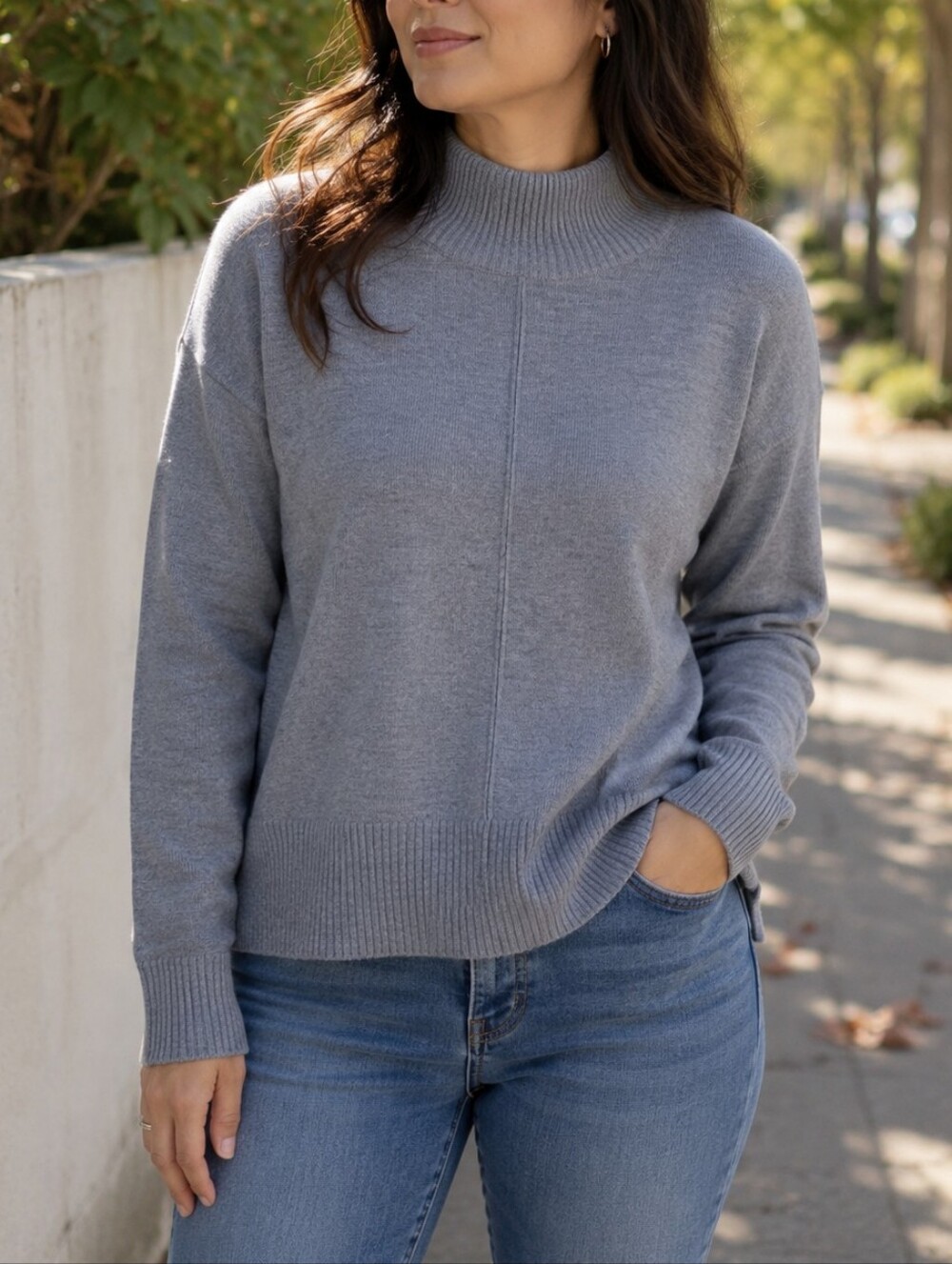 French Connection Gray Turtleneck Knit Sweater | Minimalist Classic Ribbed Hem